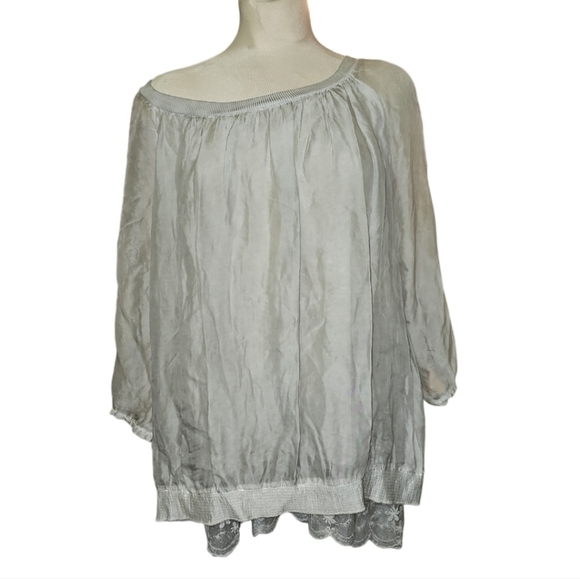 Giusy Italy Silk Blouse Lace Detail Sequins 2 Layers in Front Sheer arms GREY L - Picture 1 of 9
